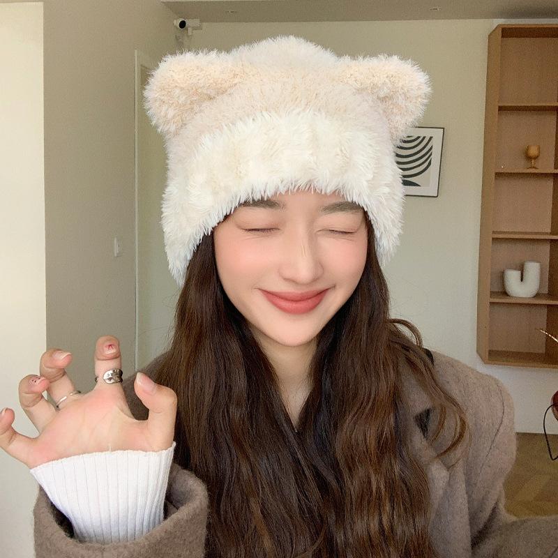 Herbst- und Wintermützen für Damen Einfarbig Vielseitige gestrickte Wollmützen für Winterwärme Niedliche Ohren-Überzieh-Mütze Ohrenschutz Kalte Mütze Neu