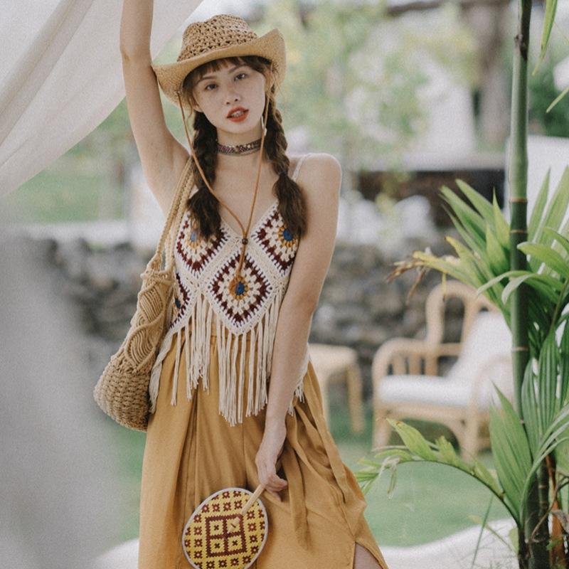 Summer Women's Camisole Ethnic Style Halter Pure Handmade Crochet Top Halter Bohemian Tassel Travel Holiday Vest