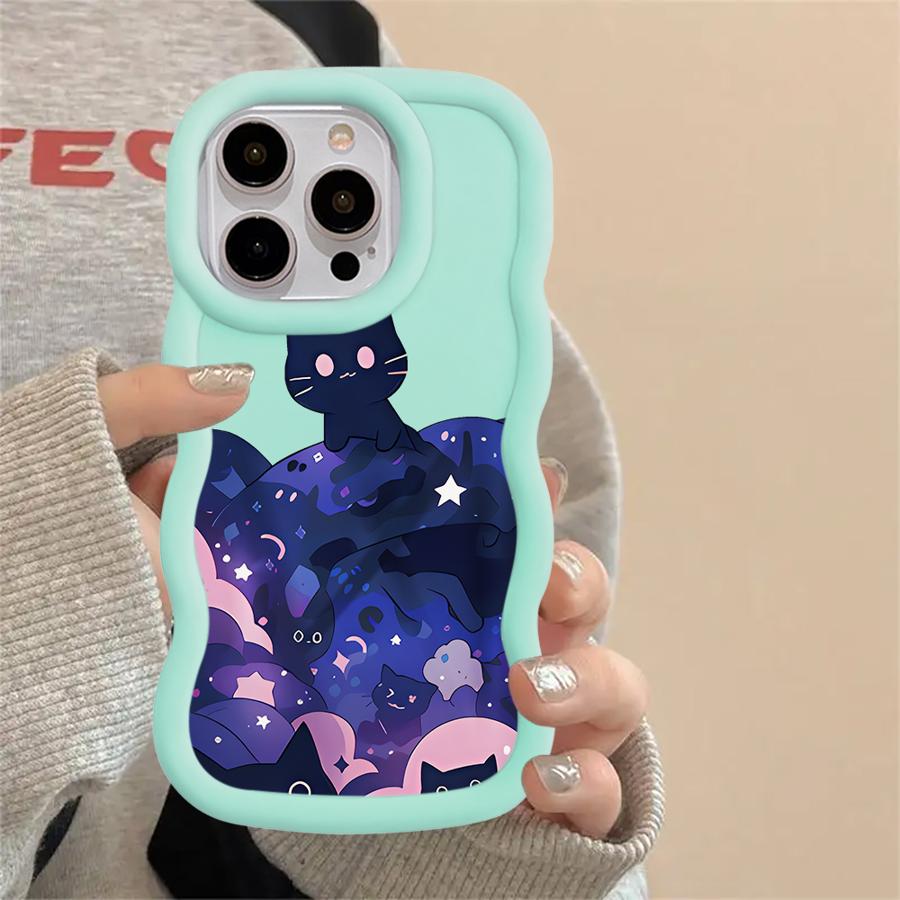 Soft Phone Cover Case for iPhone 15 Plus 13 11 14 XR 16 Pro Max 17 Air 8 12 Black Cat Starry Night