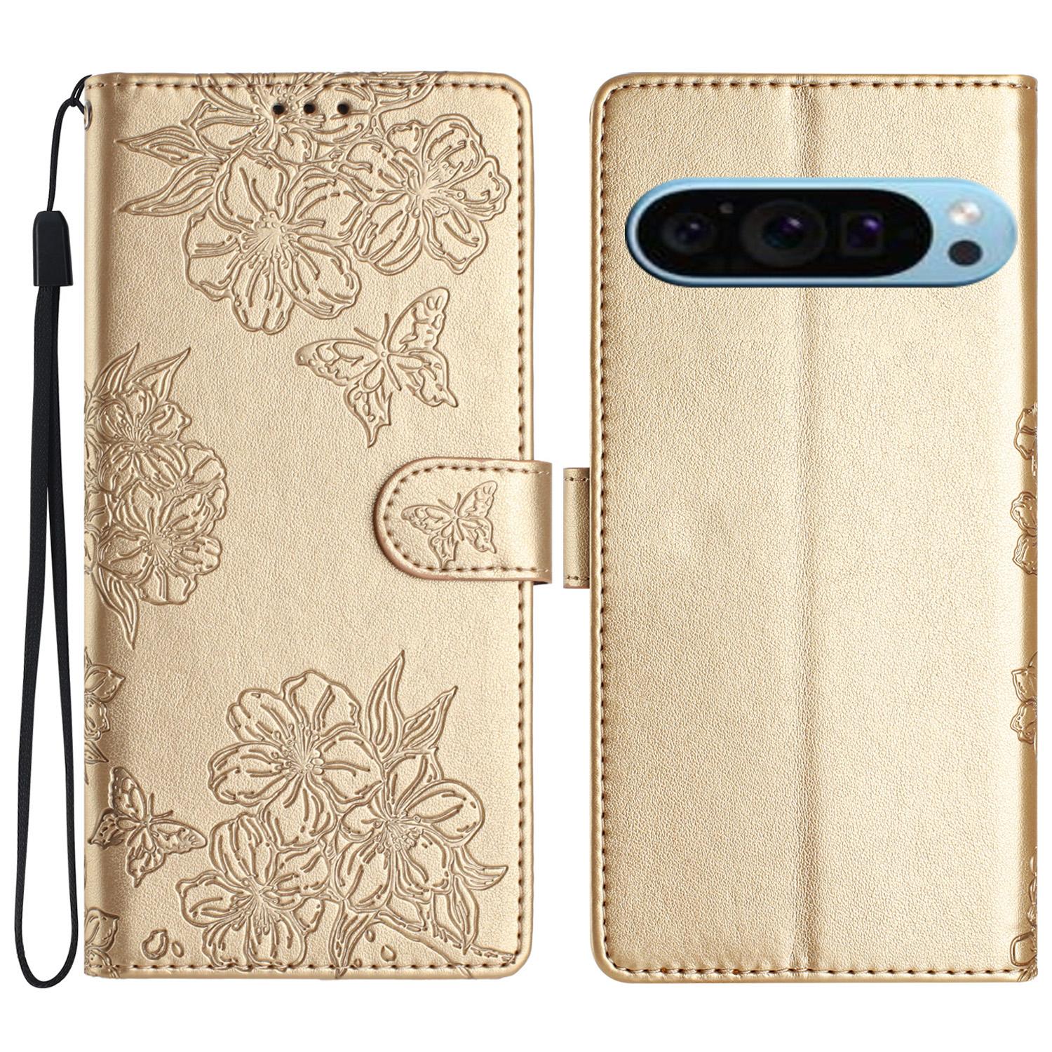 

For Google Pixel 9 Case Butterfly Flower Pattern PU Leather Wallet Stand Phone Cover Gold