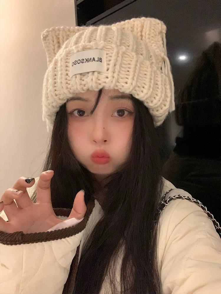 Cat Ear Tassel Woolen Hat for Women In Autumn and Winter Warm and Cute Versatile Ins Fashion Knitted Cold Hat for Students Out On The Street