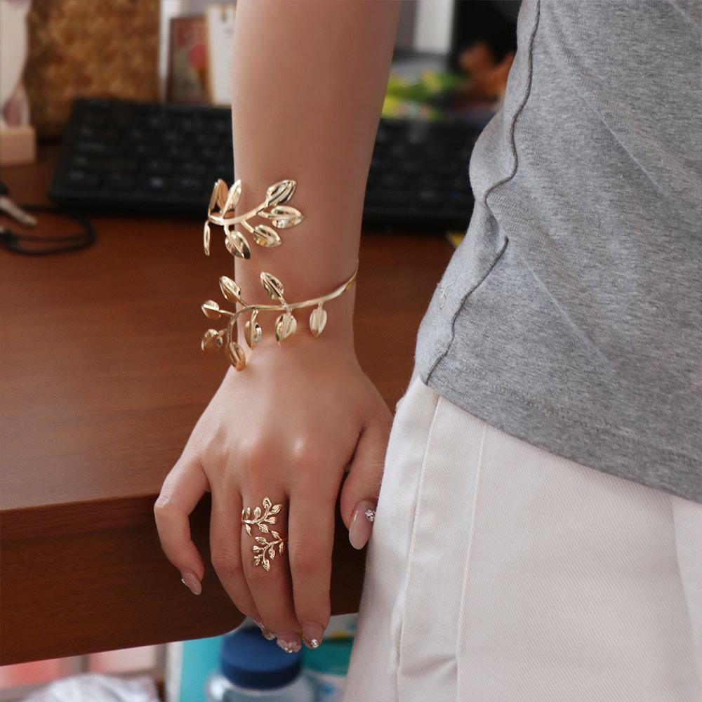 Elegant Leaf Upper Arm Cuff Open Jewelry Set New Armband Ring Set Women