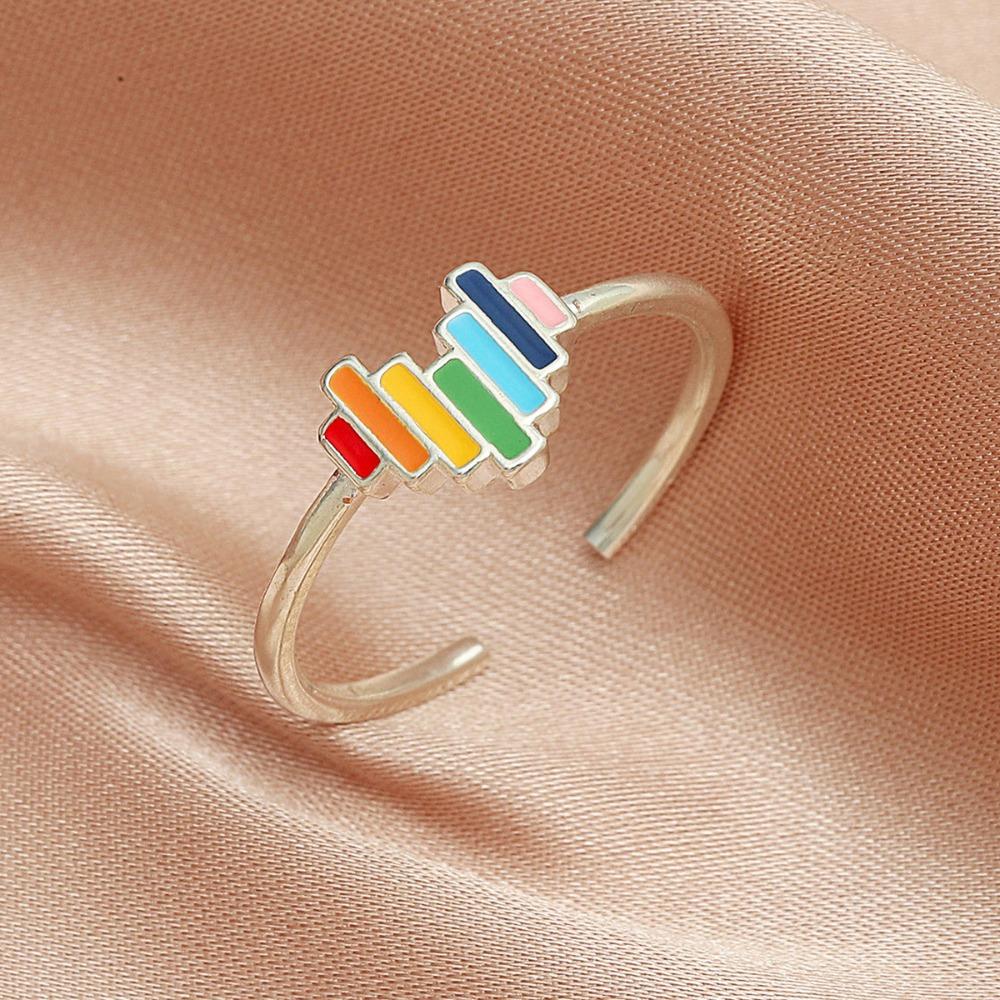 Korea Cute Sweet Multicolor Enamel Rainbow Stainless Steel Opening Adjustable Heart Ring for Fashion Finger Jewelry Accessories