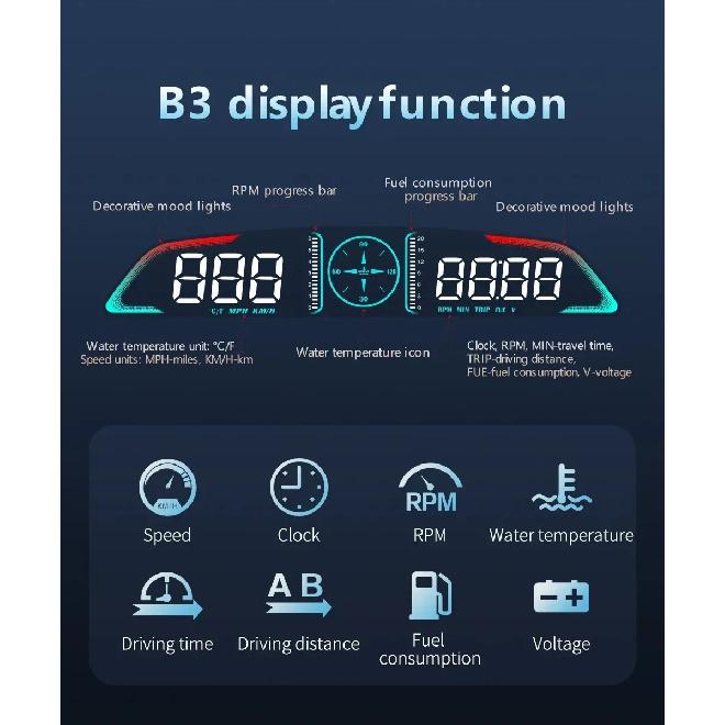 B3 Head Up Display For HUD Speedometer RPM OBD Smart Digital Overspeed Alarm Engine Fault Code Car Navigator Car Safely
