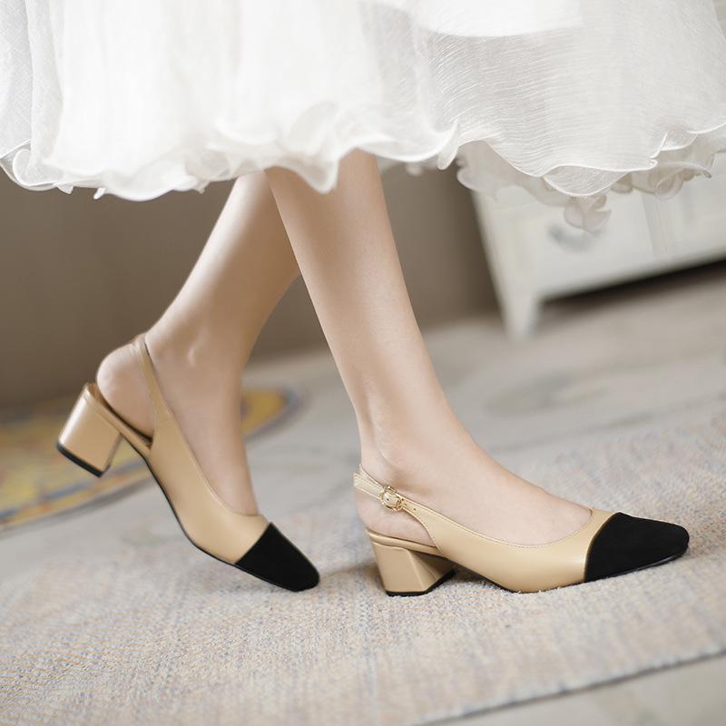 Fashion Luxury Apricot/Black Mixed Color Sandals Woman Slingback Ankle Strap Shoes Ladies Med-High Heels Sandalias Office Dress Tacones