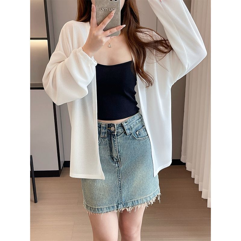 

Кардиган от солнца Простая летняя ледяная шелковая тонкая блузка С длинным рукавом Свободный плащ Женская рубашка для кондиционирования воздуха S белый