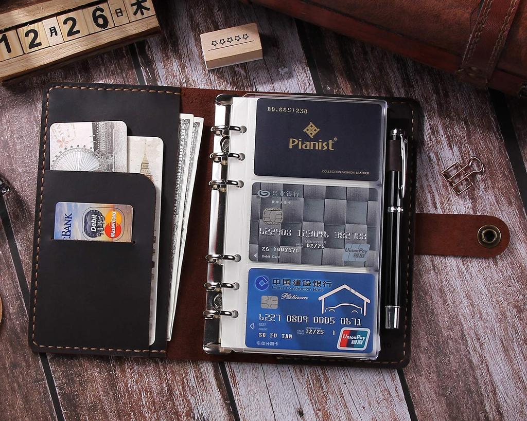 CEETOL Genuine Leather Planner, Handcrafted by Artisans, A6 Size, 6-Hole, with Pen Holder, Genuine Leather Business Notebook, Schedule Book