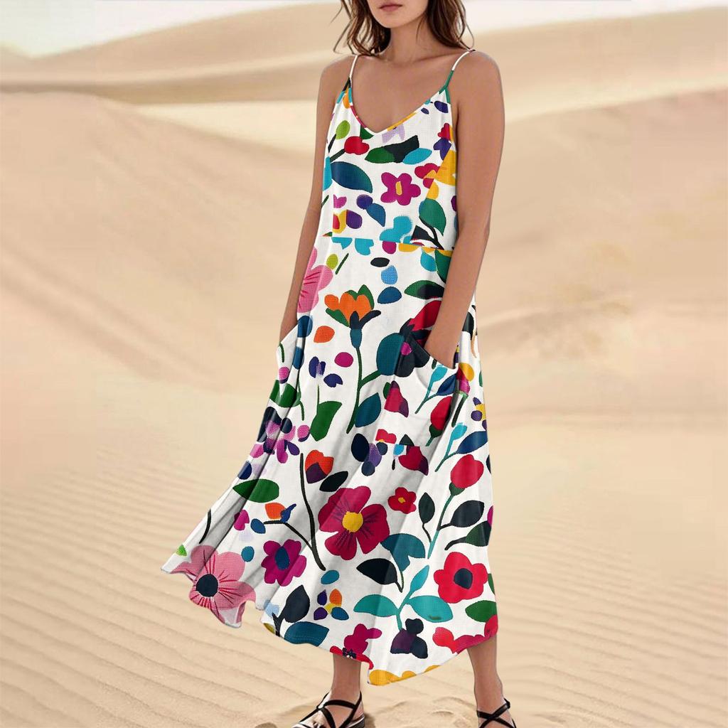 Women's Casual V Neck Floral Print Sleeveless Pocket Suspender Dress