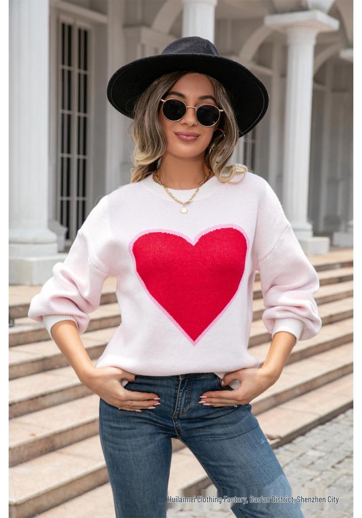2026 Winter Valentine's Day Heart Pattern Round Neck Knit Pullover Sweater for Women - Plus Size Available