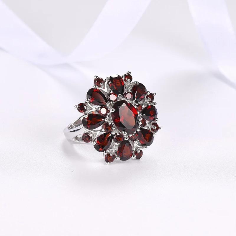 Hot Sale Classic Silver Color Inlaid Garnet Red Zircon Flower Shape Ladies Banquet Ring   Whole Sale