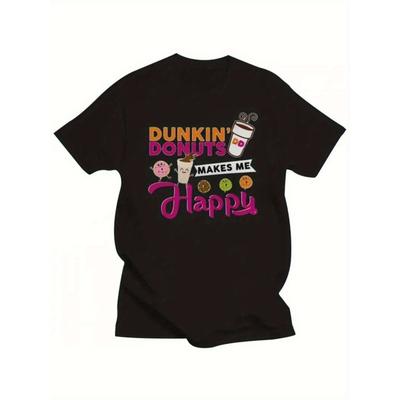 Europäische Größen Dunkin' Donuts 'Happy' Grafik-T-Shirt, Lässiges Herren-T-Shirt mit Rundhalsausschnitt und lustigem Donut- und Kaffeetassen-Design