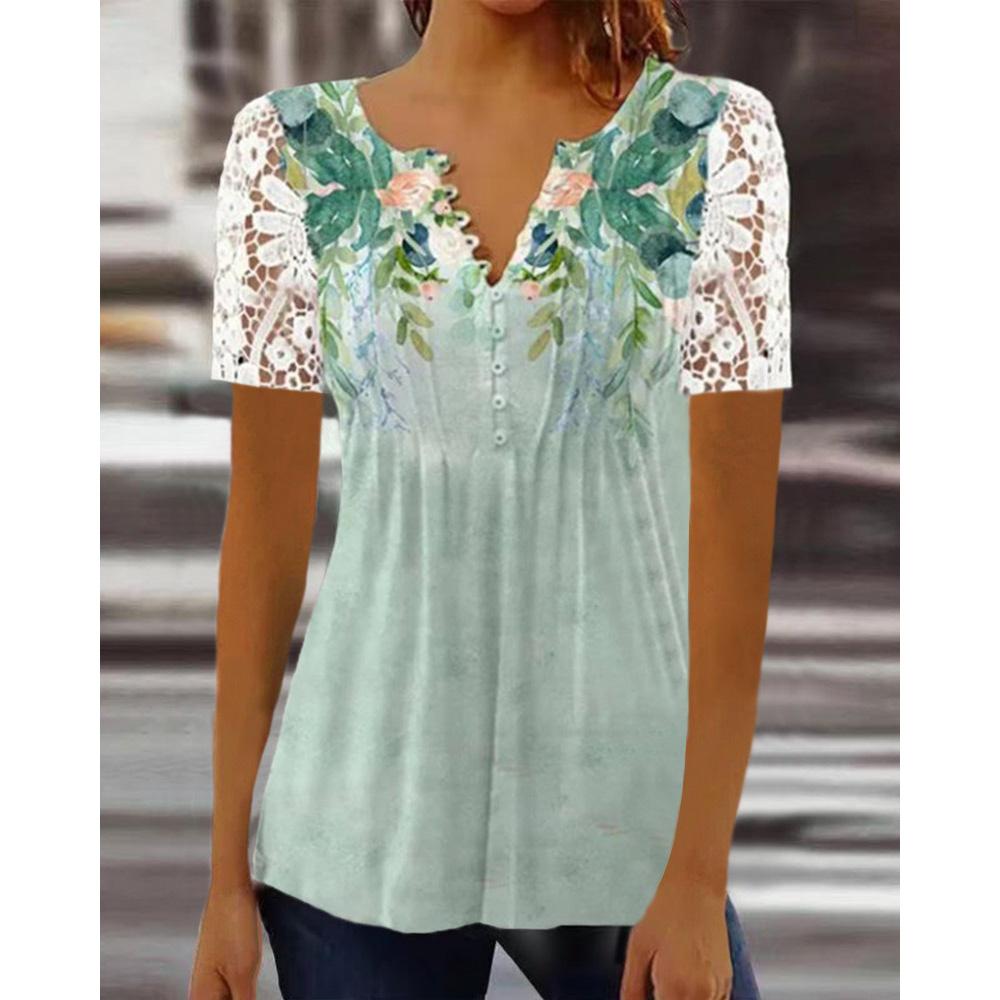 2026 SummerFashion New Women's Clothing Lace Sleeves Pleated Solid Color Button T-Shirt Bottom Shirt