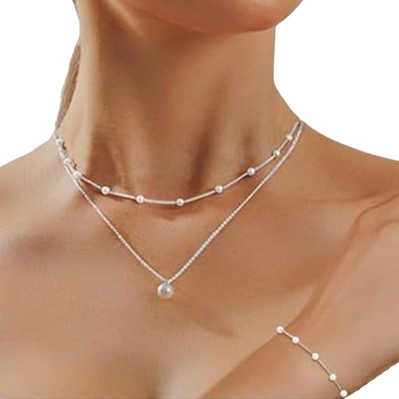 Chic Double Strand Choker Set Imitation Pearls Accents Alloy Clavicle Chain Jewelry For Daily Use