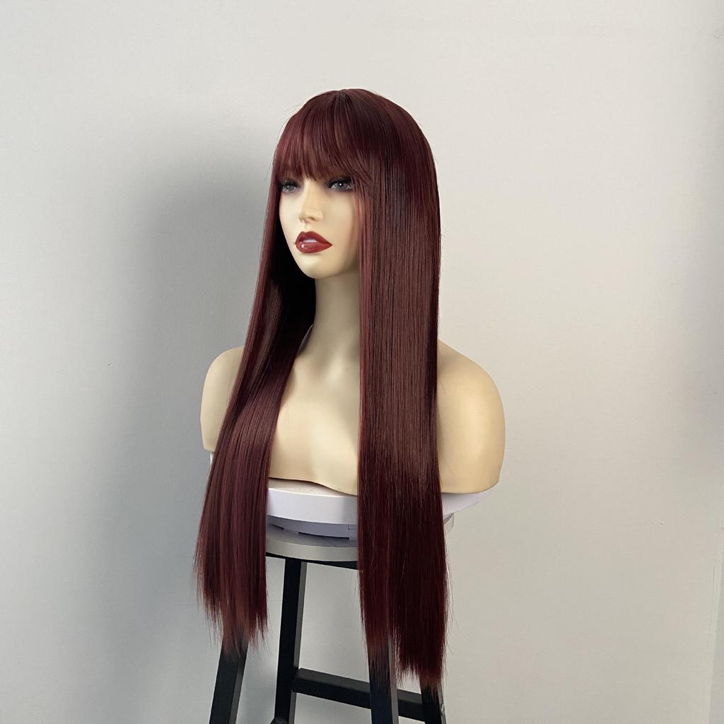 Burgundy Long Straight Fashion Wig with Simulated Scalp for Women