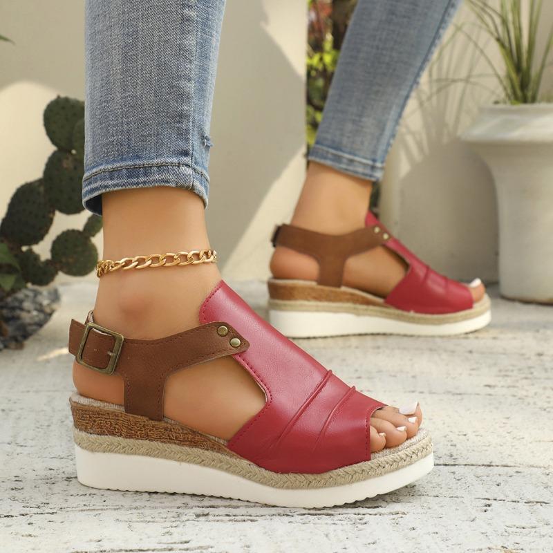 Plus Size Women's Sandals 2025 Summer New Flat Wedge Heel Fish Mouth Casual Buckle Wear Women's Sandals Outside