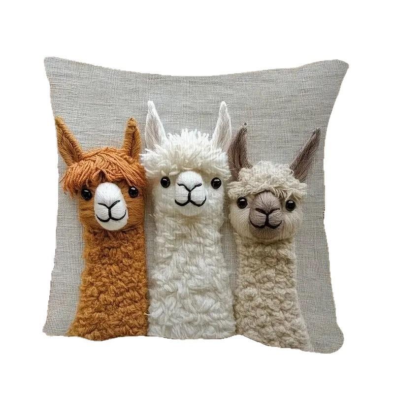Cute Sheep Throw Pillow Cover 2d Embroidery Linen Home Decor For Sofa