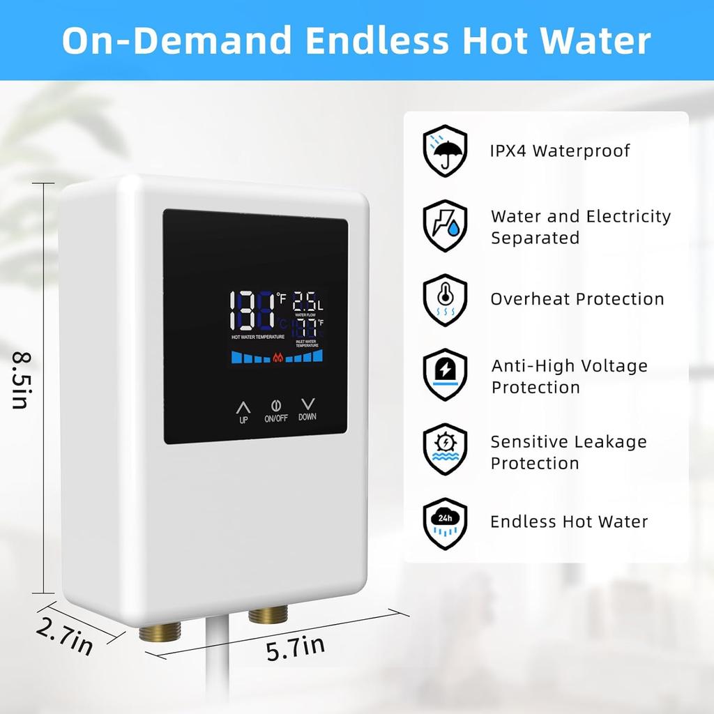 Tankless Water Heater Electric 110V, 5500W Instant Hot Water Heater with Remote Control and LCD Touch Screen Self-modulating, Overheating Protection