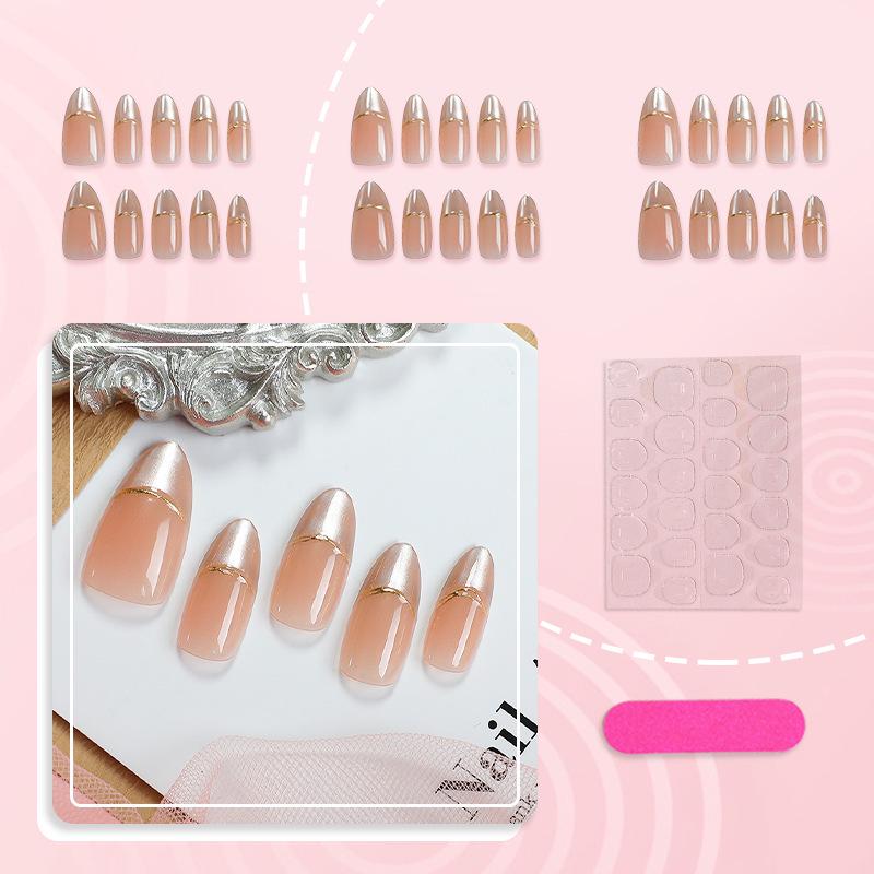 30pcs Handmade Wearable Nails - Gold Hand-Painted Lines, Versatile Fresh High-End Whitening Design.