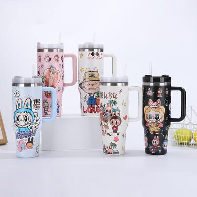 Cartoon 40oz Handle Car Cup 304 Stainless Steel Thermos Cup Outdoor Portable Straw Cup