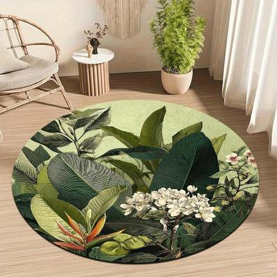 Tropical Botanical Round Rug, Art Deco Leaf Pattern Mat, Non-Slip Washable Plush Carpet for Living Room