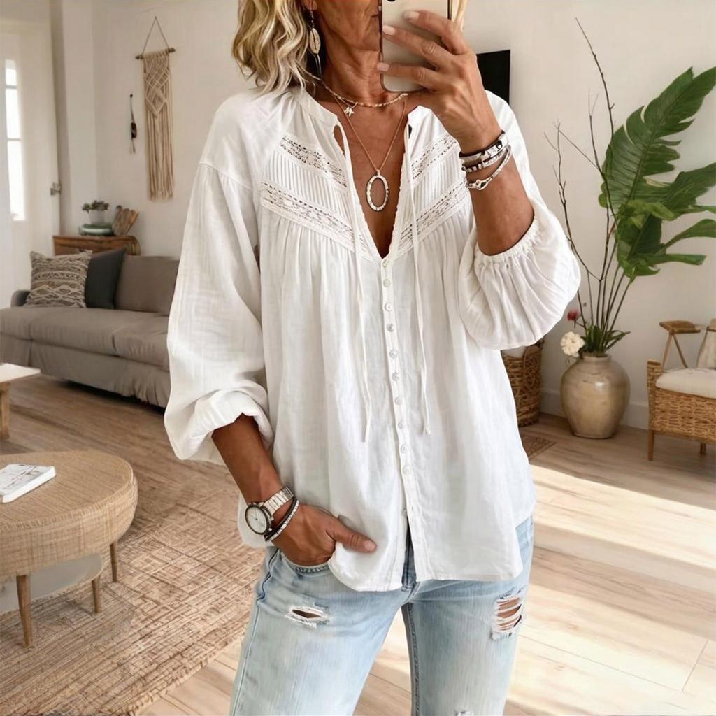 Women's Bohemian Lace Trim Cotton Linen Long Sleeve Blouse with Sleeves for Vacation Beach