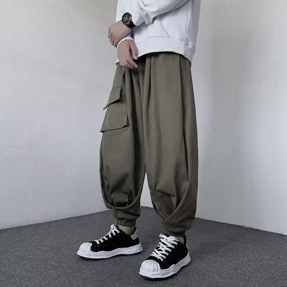 Japanse streetwear heren effen kleur zak trekkoord joggingbroek casual hiphop rechte broek retro wijde pijpen cargo broek