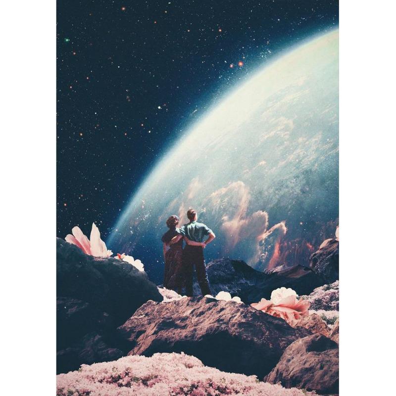 Vinatge Space Collage Night Sky Posters Canvas Painting Galaxy Moon Surrealism Wall Picture for Living Room Decoration At Home