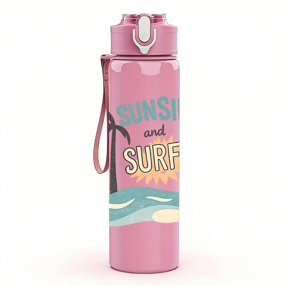 1PC Sunshine Palm Beach Summer Vacation Print 750ml Color Plastic Sports Water Bottle Leakproof Flip Straw Lid Suitable for Sports Office Home Use