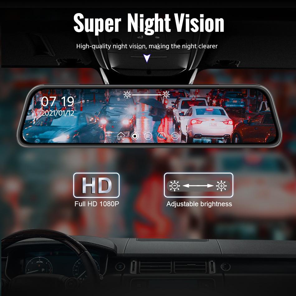 E-ACE 10 Inch Car DVR Mirror Video Recorder 1080P Touch Screen Dashcam For Car AHD Lens Streaming Driving Recorder Dash Camera