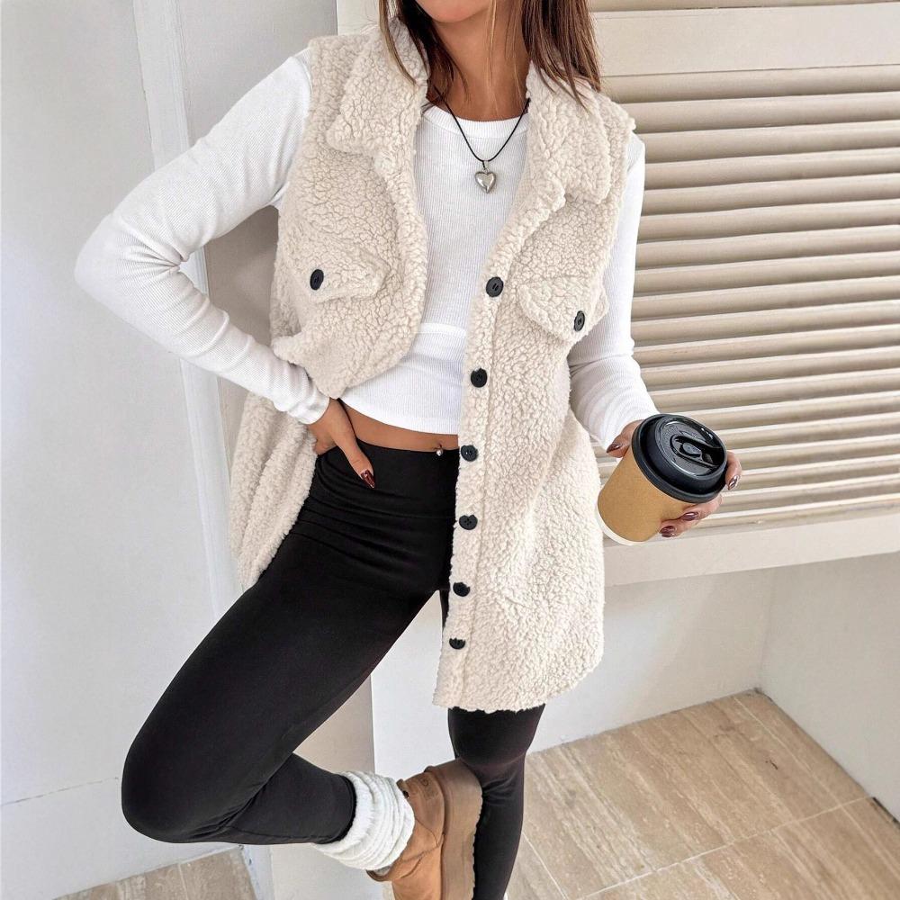 Women's Lapel Sleeveless Vest Oversized Fit Solid Color Single Button Pocket Winter Fleece Gilet