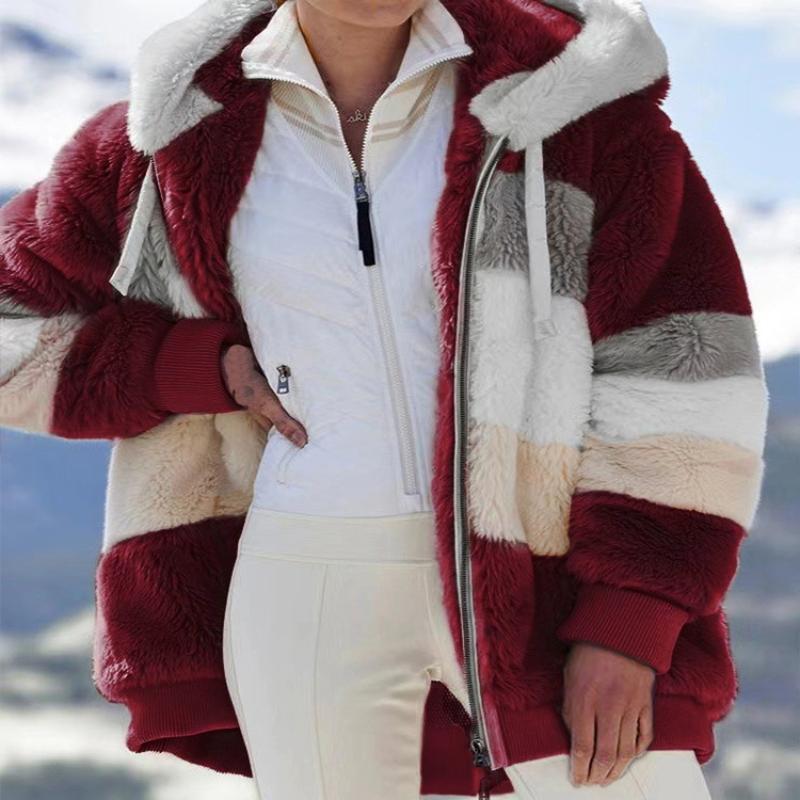 

Осень-зима Женское повседневное пушистое пальто с нашивками Модная длинная рукава на молнии Свободная теплая куртка с капюшоном Мягкое удобное стильное пушистое пальто S бордовый