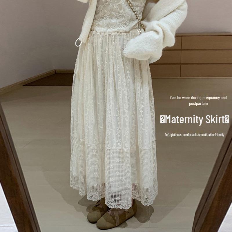 Spring 2026 Women s Lace Maternity Skirt - Korean Style Multi-layer Gauze Half Skirt M