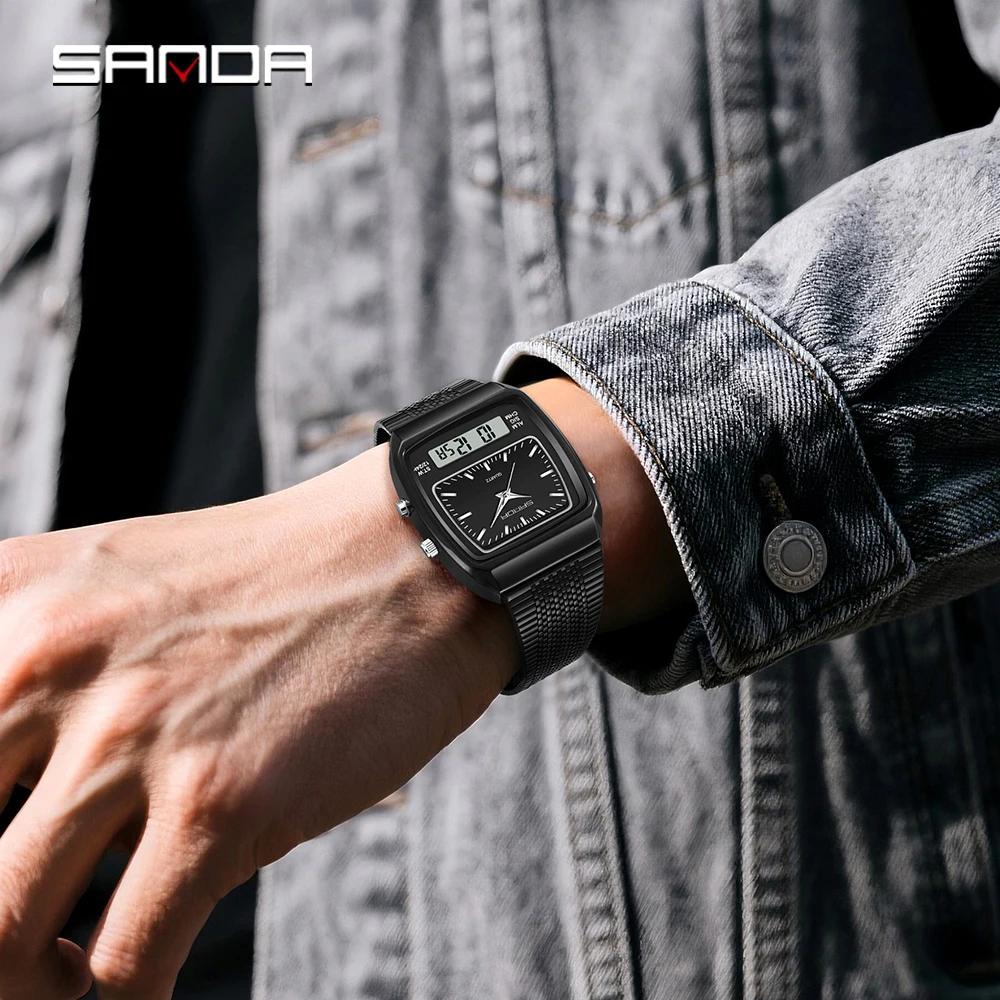 SANDA 3393 Business Electronic Men's Watch Fashion Multi Functional Dual Display Clock Night Light Waterproof Casual Men's Watch
