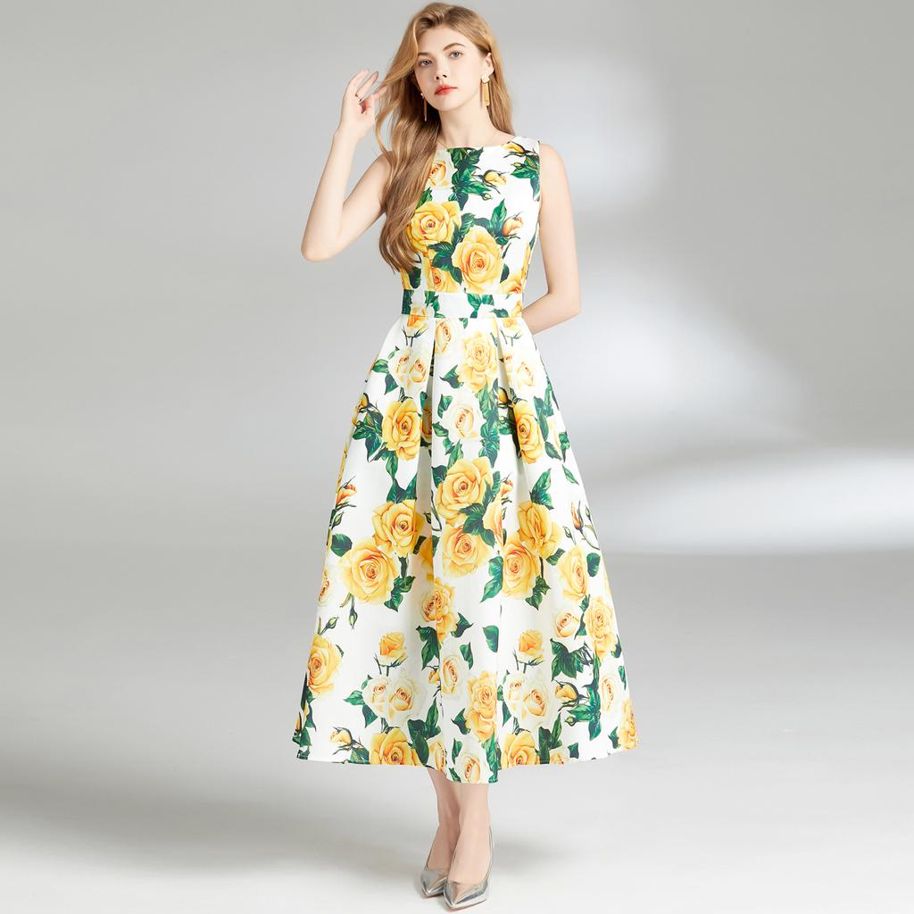 Summer Fashion Yellow Rose Jacquard Summer Dress Women Elegant Sleeveless Slim Draped Party Prom Dress One Piece Tank Female Clothing