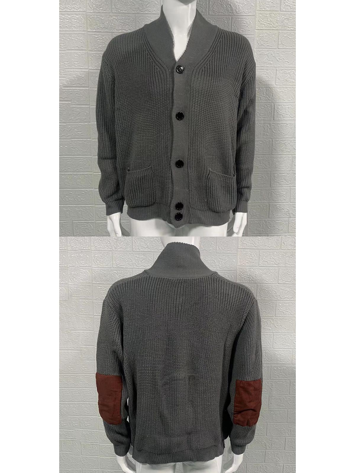 Мужской осенне-зимний вязаный кардиган с лацканами и замшевой отделкой пэчворк XL серый