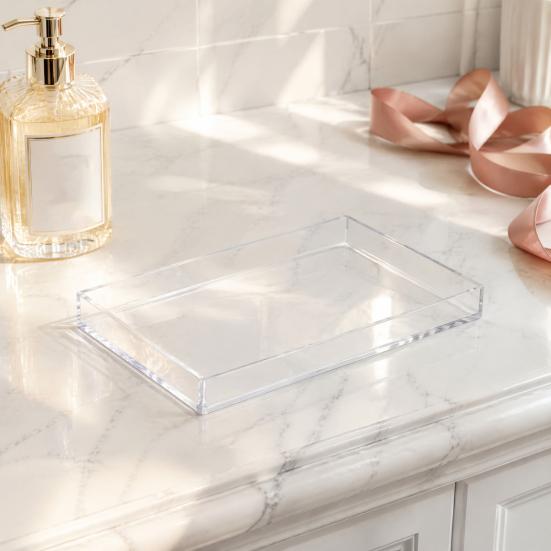 Clear Acrylic Toiletry Holder Decorative Tray, Modern Rectangular Vanity Space Small Tray for Toothbrush Saving Jewelry And Perfume Organizer Bathroom