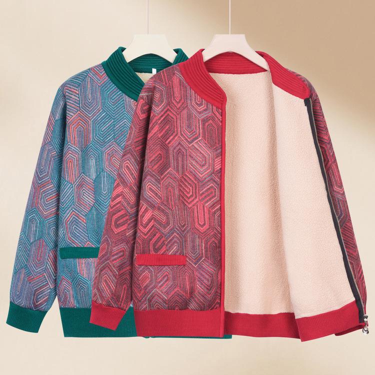 Grandma Warm Clothes for Middle-aged and Elderly Women Plus Velvet Thick Sweater Cardigan Mother Lamb Velvet Cardigan Old Lady Small Size