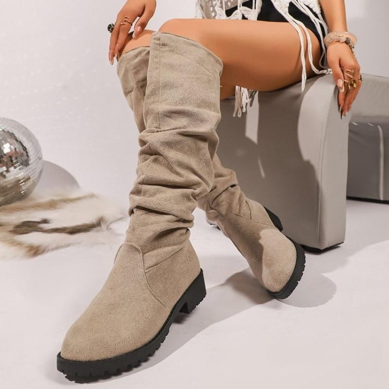 Pleated Shoes, Piles of Long Boots, Women's Retro High Boots That Do Not Reach The Knee