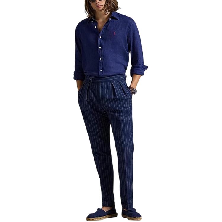 Polo Ralph Lauren Solid Color Long Sleeve Polo Collar Embroidered Single Breasted Shirt Classic Edition Men shirts Navy-Blue 710966292-501