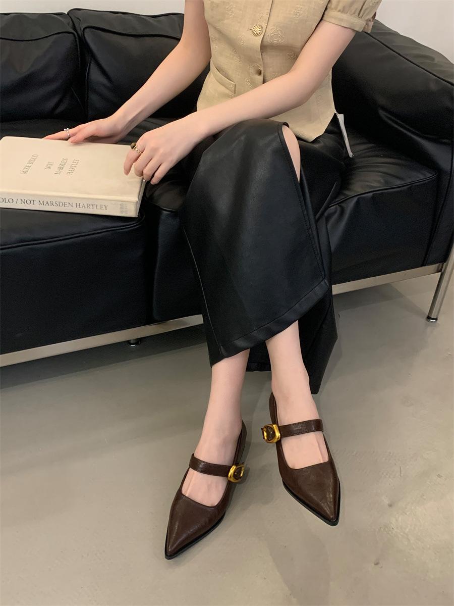 

Leather Pointed Mary Jane Shoes Women S Spring Versatile Comfortable Super Thick Heel Word With Shallow Mouth Single Shoes 35 коричневый