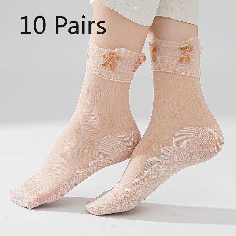 10 Pairs of Women's Summer Thin Floral Lace Cotton Bottom Loose Mouth Breathable Non Slip Socks
