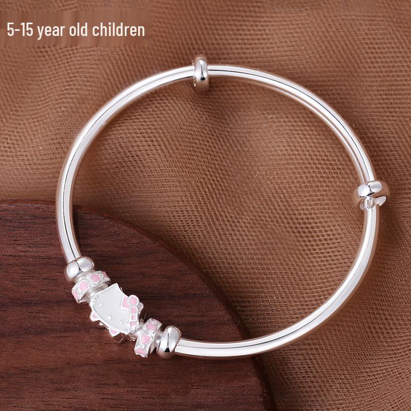 Sterling Silver Cartoon Kitten Bracelet for Girls (Ages 4-15) - Push-Pull Design 9999 Sterling Silver/With Certificate