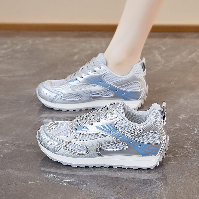 Silver Mesh Women's Sneakers Versatile Lightweight Breathable Casual Shoes Fashion Lace-up Height-enhancing Platform Shoes 2025