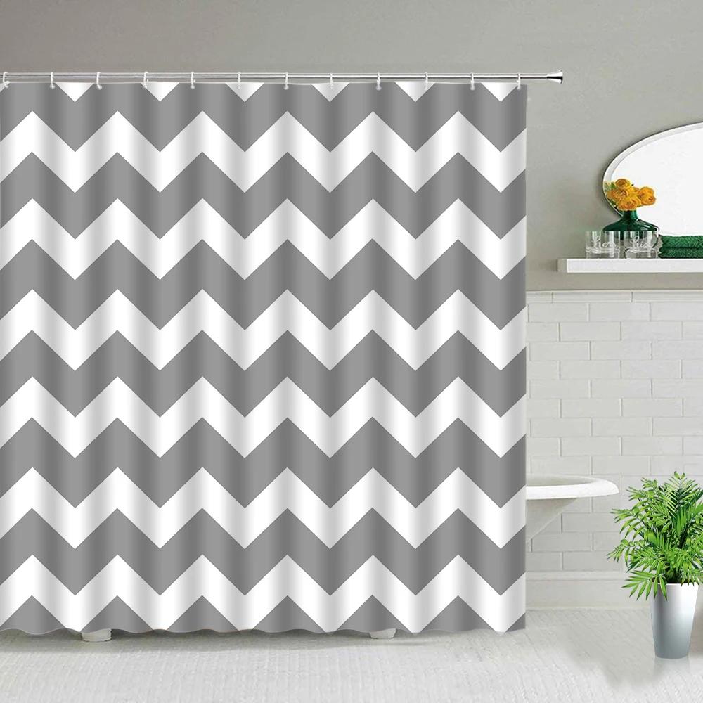 Black White Geometric Bathroom Shower Curtains Bohemian Stripe Print Waterproof Frabic Chic Toilet Partition Curtain With Hooks