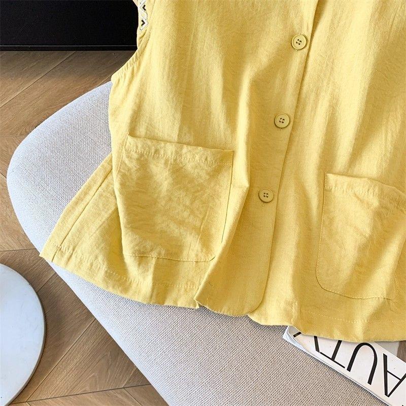 Korean Style Sleeveless Cotton Linen Vest Women Embroidered Summer Top