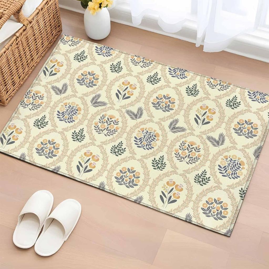 Vintage Botanical Door Mat Pink Flower Pattern Entrance Rug Retro Plant Arch Indoor Welcome Mat Soft Non-Slip Home Hallway Decor