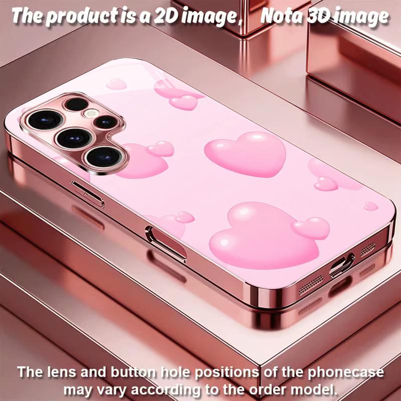 2DFlat Samsung electroplated tempered glass phone case,Pink Heart Design Phone CaseSuitable for Galaxy S26 S23 S24FE S25ULTRA S22 S21