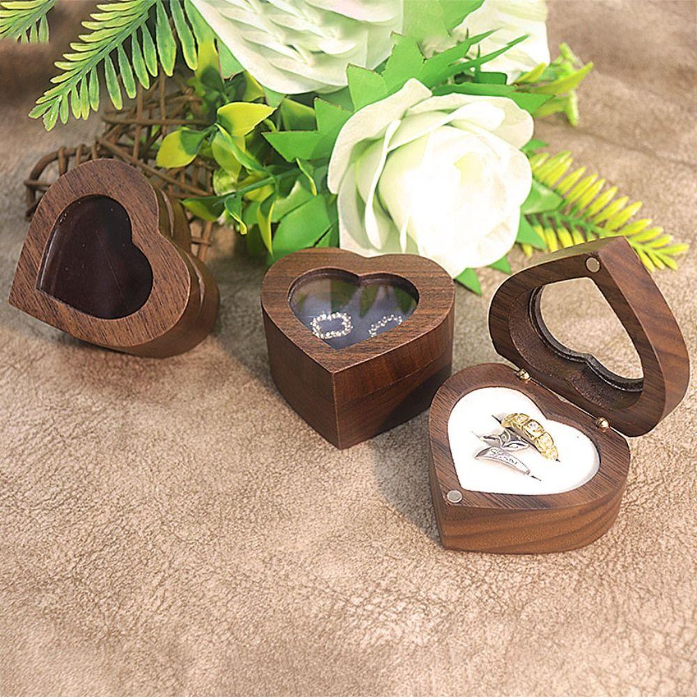 Transparent Cover Walnut Wood Rings Box Magnetic Cover Rings Bearer Box Heart Rings Holder  Gifts