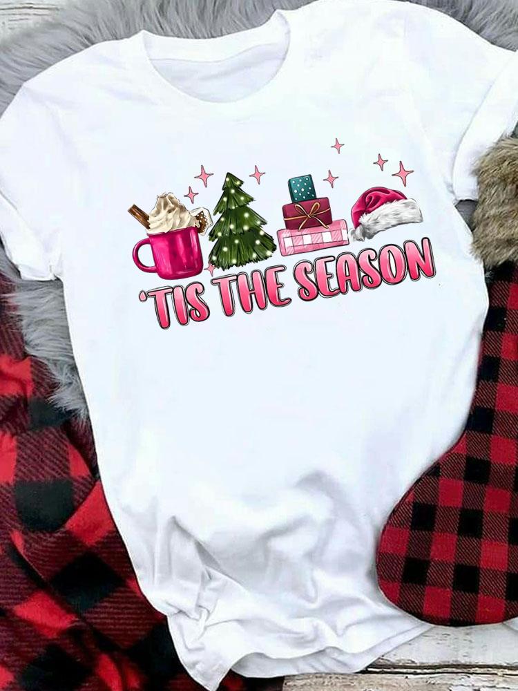 (Asian Size) style cartoon cute Merry Christmas tee Top festival New Year Holiday Casual Lady Short Sleeve Fashion Women Print Graphic T-shirts