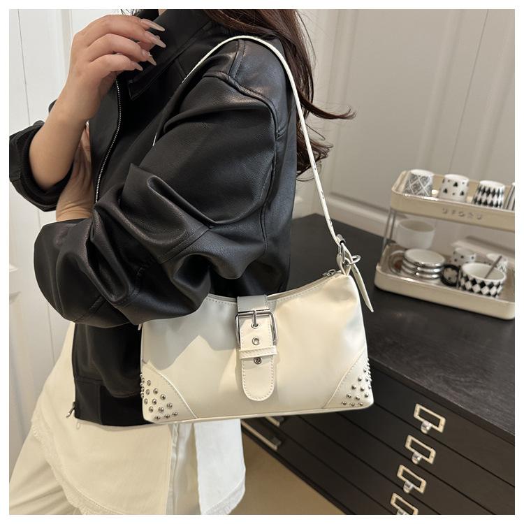 Retro Distressed Faux Leather Shoulder Bag for Women, Biker Style Rivet Pin Closure Clutch, Trendy Baguette Crossbody Handbag CLE